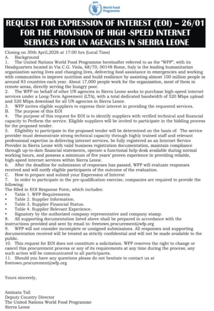 https://owlpress-sl.com/wfp-request-for-expression-of-interest-eoi-26-01-for-the-provision-of-high-speed-internet-services-for-un-agencies-in-sierra-leone/
