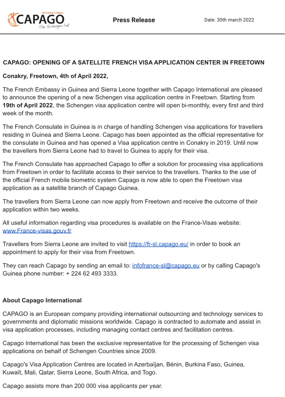 Capago France Now offers Schengen Visas in Freetown | OWLPRESS