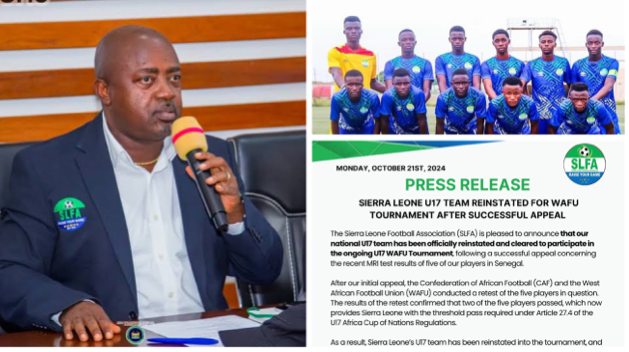 SLFA Wins Appeal: Sierra Leone U17 Team Reinstated For WAFU Tournament 